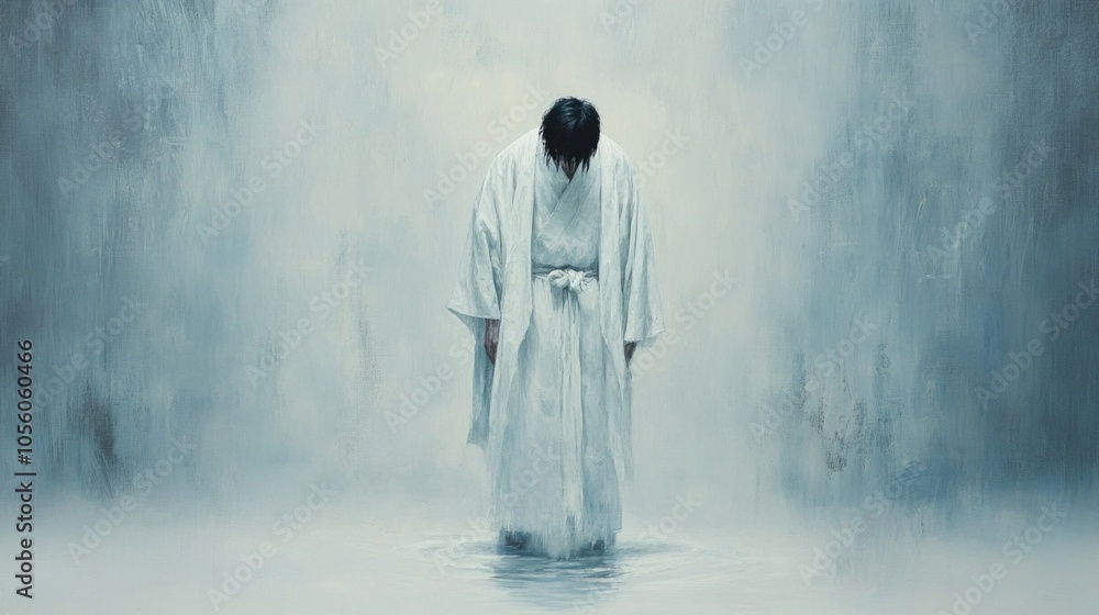 Obraz premium Baptism: Rebirth in Spirit and Faith. A lone figure standing in reverence, immersed in water. Digital painting.