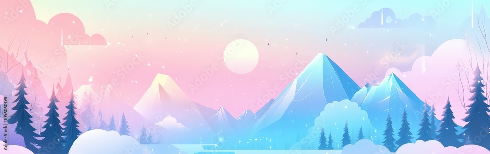Serene sunset over pastel mountains with calm water and pine trees Serene sunset over pastel mountains with calm water and pine trees