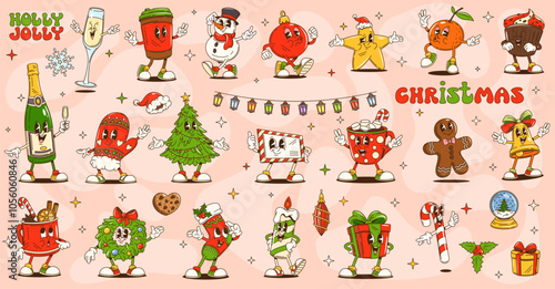 Cartoon groovy Christmas characters for winter holiday, vector funny emoji. Groovy Christmas tree with Santa gifts, funky gingerbread man and chocolate with marshmallow as retro cartoon characters