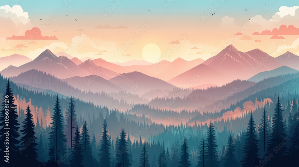 Obraz premium Vibrant sunrise over tranquil mountain landscape with silhouetted trees