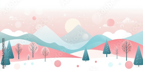 Winter landscape with pastel colors featuring mountains and trees photo