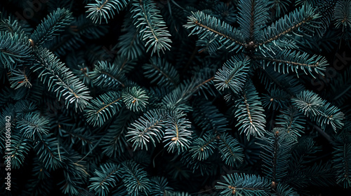 Beautiful Christmas background with green pine tree branches close-up. Copy space for seasonal quotes. Vintage December wallpaper.