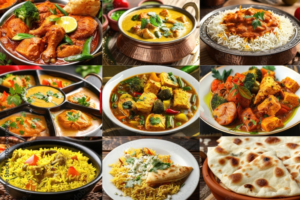 A Collage of Indian Cuisine Dishes: Chicken Curry, Paneer Curry, Vegetable Curry, Rice Dishes, and Naan Bread A Collage of Indian Cuisine Dishes: Chicken Curry, Paneer Curry, Vegetable Curry, Rice Dishes, and Naan Bread