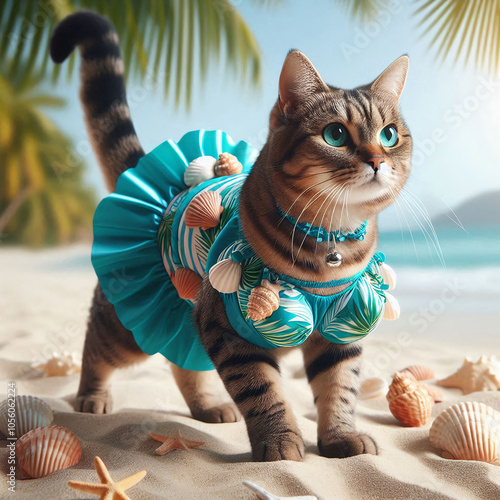 The striped cat in a swimsuit