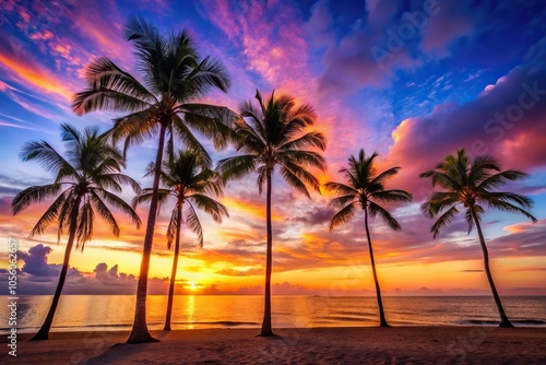 The silhouette of palm trees stands tall against the brilliant colors of a sunset over a serene beach at dusk, serenity, tranquility, beach, palm tree