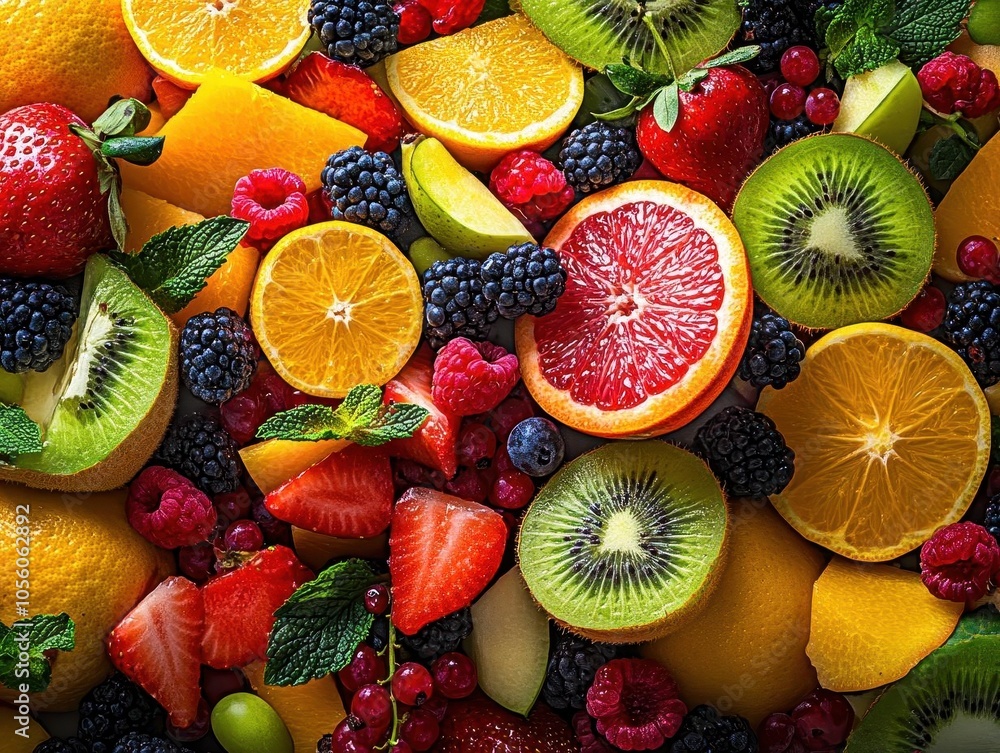 A vibrant arrangement of fresh fruits showcasing a burst of colors and textures, perfect for healthy food imagery. A vibrant arrangement of fresh fruits showcasing a burst of colors and textures, perfect for healthy food imagery.