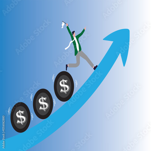 Investment profit and earning, stock market growth or fund flow depend on interest rate and inflation concept, businessman investor, fund manager holding flag lead money coins running up rising 