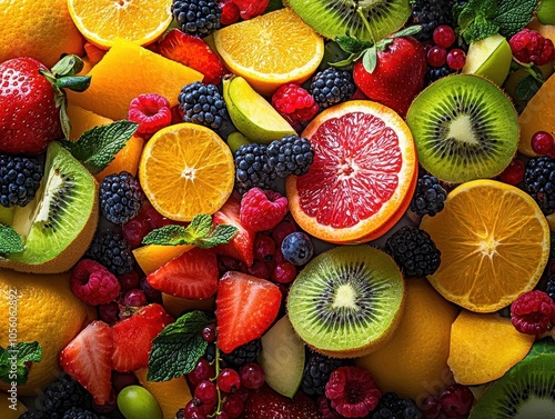 A vibrant arrangement of fresh fruits showcasing a burst of colors and textures, perfect for healthy food imagery.