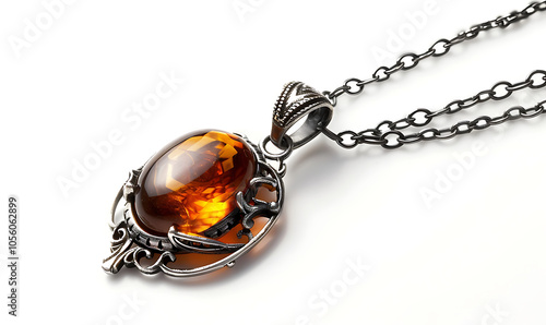 Beautiful Silver Necklace Featuring a Rich Amber Gem Isolated on a White Background, Capturing the Warmth and Unique Charm of Fine Jewelry, Ideal for Elegant Accessories and Gifts.