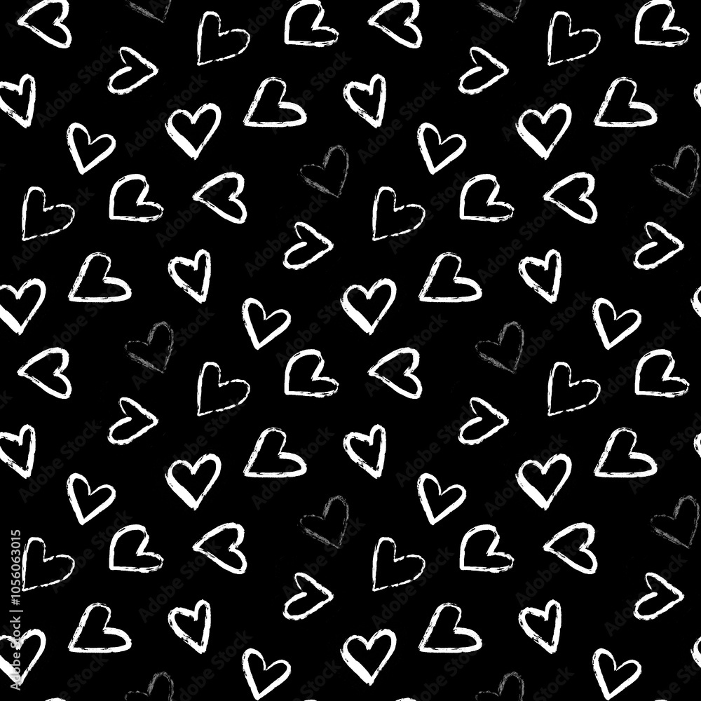 A seamless pattern of various hand-drawn white hearts tossed on a black background A seamless pattern of various hand-drawn white hearts tossed on a black background