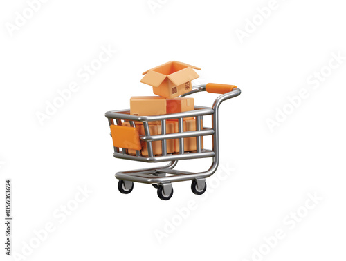 3D Shopping cart and cardboard box icon, Fast delivery concept from online store, logistics package delivery, Cargo box icon on shopping cart 3d render icon illustration