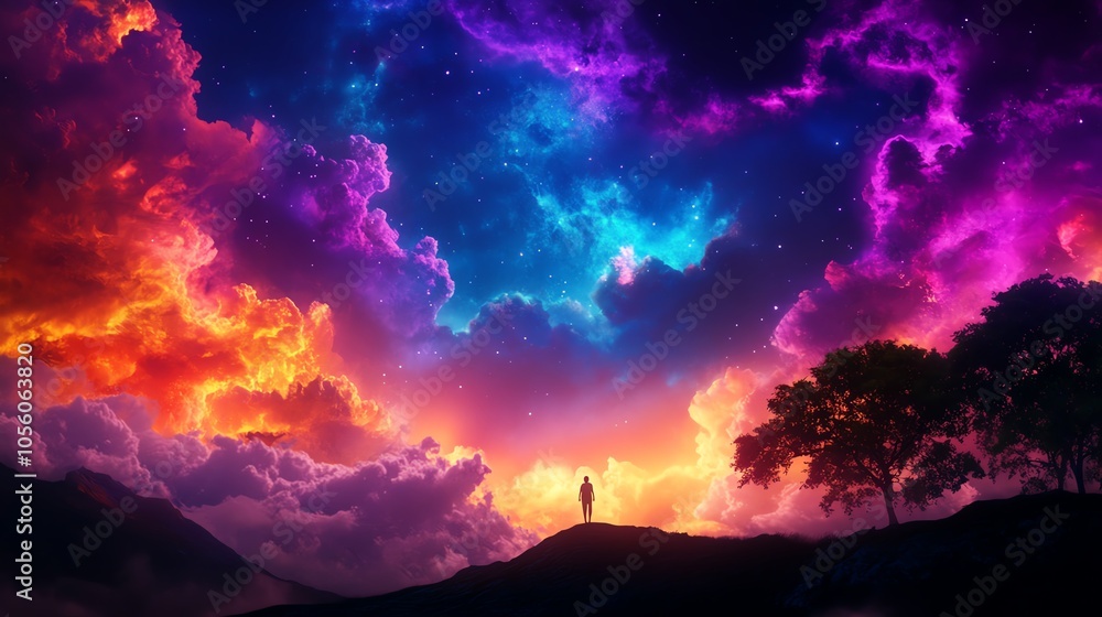 Naklejka premium Discover magical lands, enchanting skies, vibrant colors