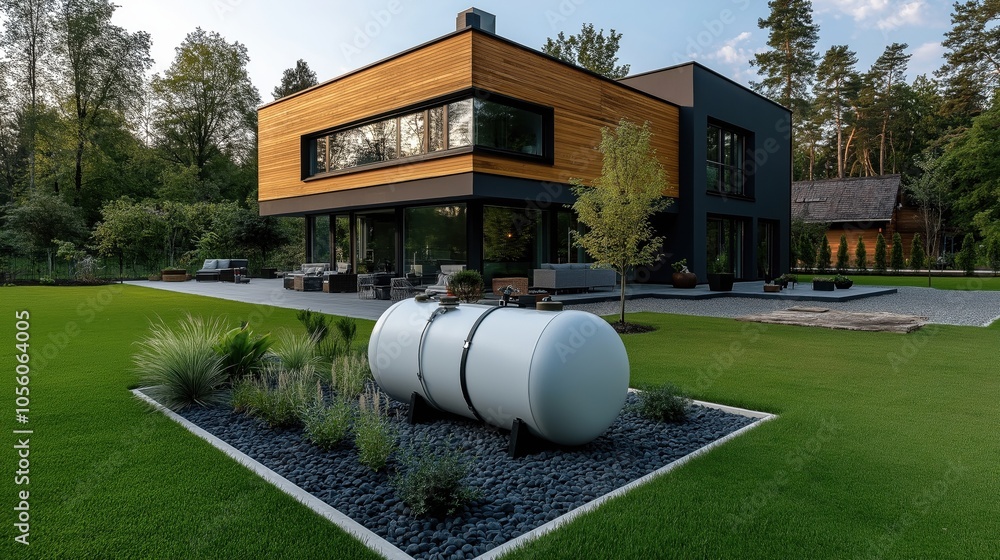 Modern two-story house with wooden and black exterior, large windows, outdoor patio, and a landscaped yard featuring a white propane tank amid plants and stones. Modern two-story house with wooden and black exterior, large windows, outdoor patio, and a landscaped yard featuring a white propane tank amid plants and stones.