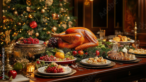 A turkey being carved by a family member at a beautifully decorated dinner table, baked turkey,