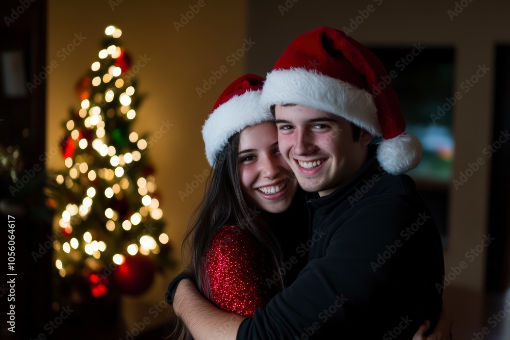 Smiling couple embracing in Santa hats with holiday lights Smiling couple embracing in Santa hats with holiday lights