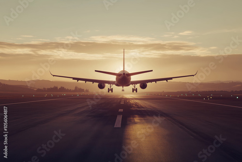 Passenger airplane landing on the runway in an international airport with a stunning sunset on the background