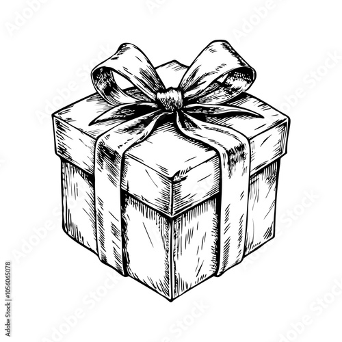 A black and white drawing of a gift box with a bow on top