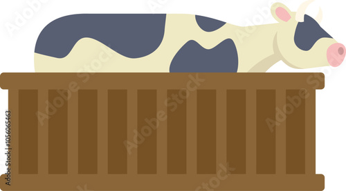 This vector illustration features a spotted milk cow taking a break inside a wooden livestock trailer, possibly during a pause in transportation