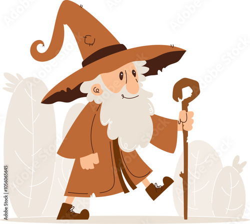 Whimsical cartoon illustration of a friendly wizard with a long beard and hat, walking with a staff against a simple background.