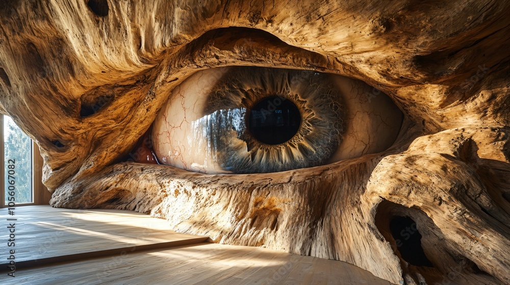 Eye looks through a large peephole in a wooden wall Eye looks through a large peephole in a wooden wall