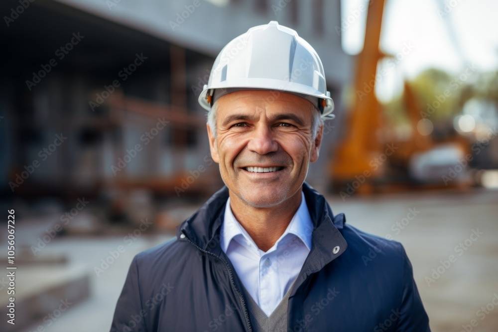 Smiling portrait of a middle aged Caucasian businessman on construction site Smiling portrait of a middle aged Caucasian businessman on construction site