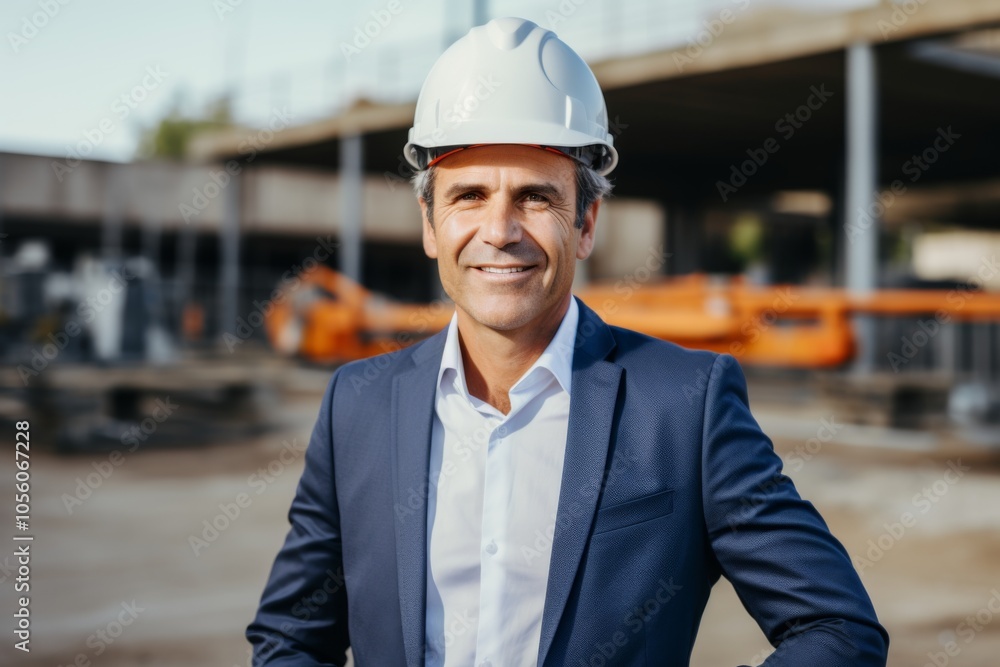 Smiling portrait of a middle aged Caucasian businessman on construction site Smiling portrait of a middle aged Caucasian businessman on construction site