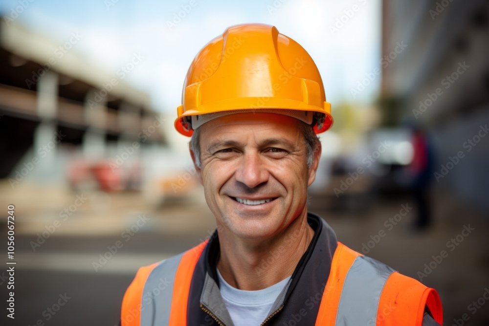 Smiling portrait of a middle aged Caucasian businessman on construction site Smiling portrait of a middle aged Caucasian businessman on construction site