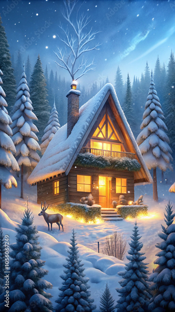 christmas house in the forest, Magical Winter Night: A Cozy Cabin in the Woods