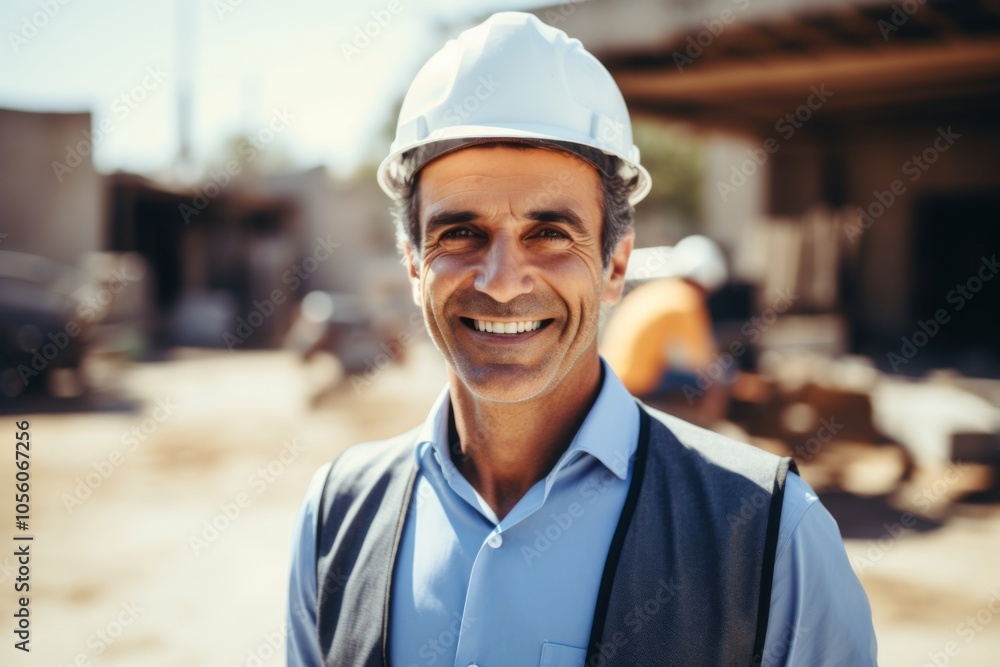 Smiling portrait of a middle aged Caucasian businessman on construction site Smiling portrait of a middle aged Caucasian businessman on construction site