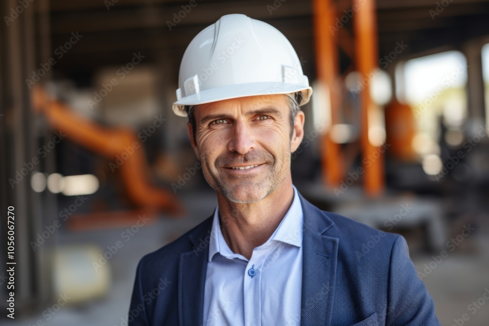 Smiling portrait of a middle aged Caucasian businessman on construction site Smiling portrait of a middle aged Caucasian businessman on construction site