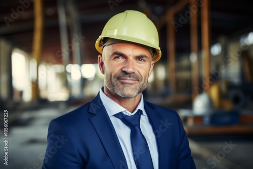 Smiling portrait of a middle aged Caucasian businessman on construction site