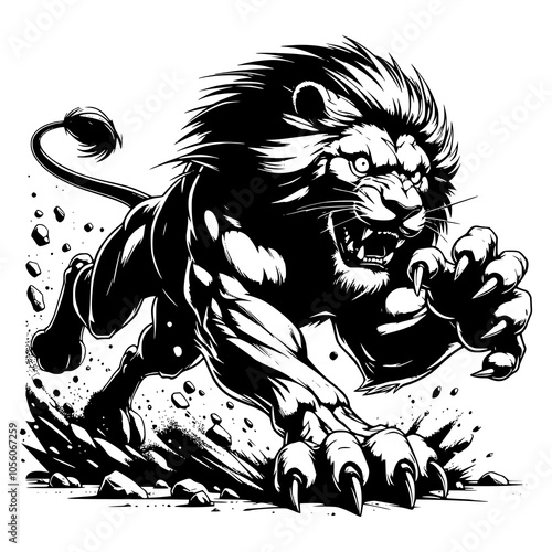 Lion in a powerful pouncing position. Raw power and agility.