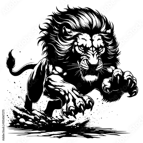 Lion in a powerful pouncing position. Raw power and agility.