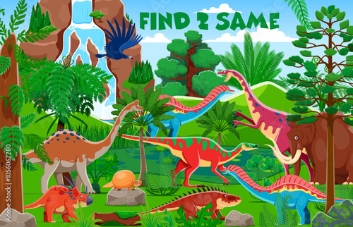 Find two same prehistoric dinosaurs, kids game worksheet. Vector riddle with cartoon dino species in green environment landscape. Puzzle, quiz game, entertaining and educational activity for children