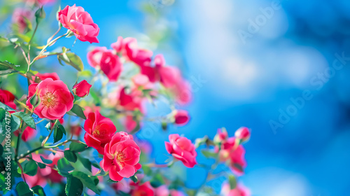 Beautiful spring border with blooming rose bush on a blue background. Flowering rose hips against the blue sky with soft selective focus.