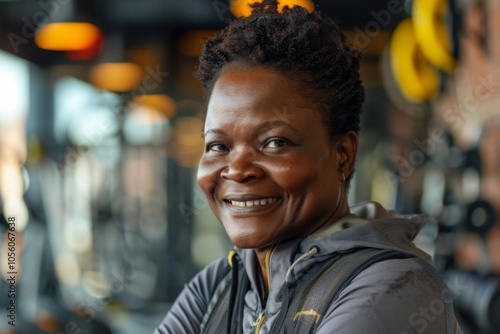 Smiling portrait of a slightly overweight middle aged woman in gym