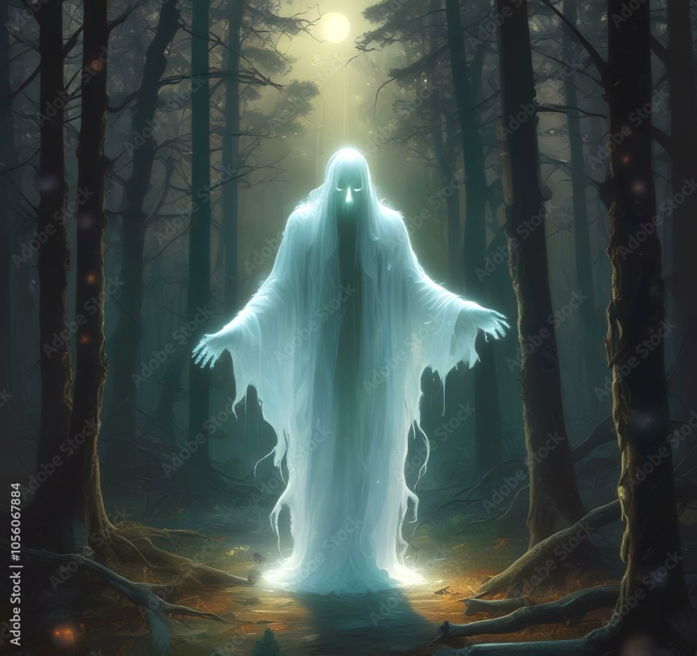 Illustration of glowing transparent ghost in creepy woods. Illustration of glowing transparent ghost in creepy woods.