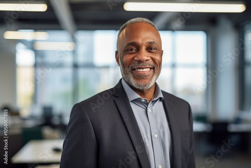 Smiling portrait of a senior African American businessman in modern office