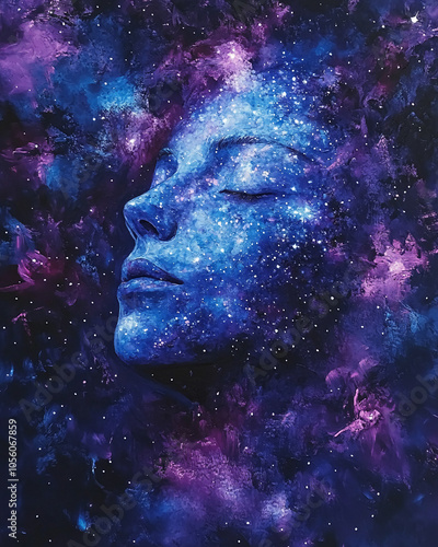 A woman's face is rendered in a galaxy, with her eyes closed and skin covered in bright stars