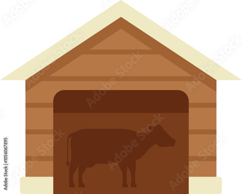 This vector illustration features a cow silhouette standing in a wooden barn building, perfect for farm animal concepts