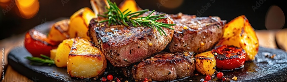 Delicious grilled steak surrounded by roasted potatoes and garnished with fresh herbs, served on a rustic wooden table. Delicious grilled steak surrounded by roasted potatoes and garnished with fresh herbs, served on a rustic wooden table.