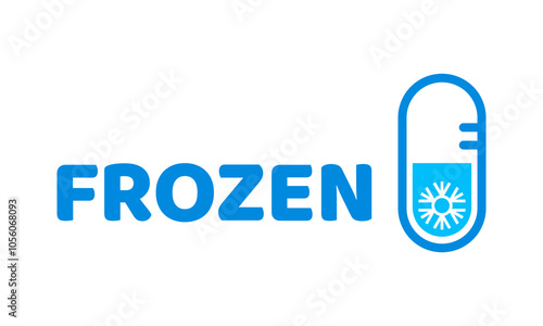 Blue frozen cold product icon, ice crystal label and badge. Isolated vector sticker for frozen food, features thermometer and snowflake signs. Symbol for packages or frosty cold preservation items