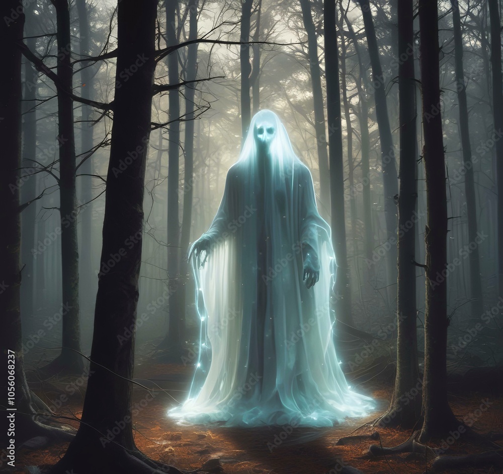 Illustration of glowing ghost in spooky woods. Illustration of glowing ghost in spooky woods.