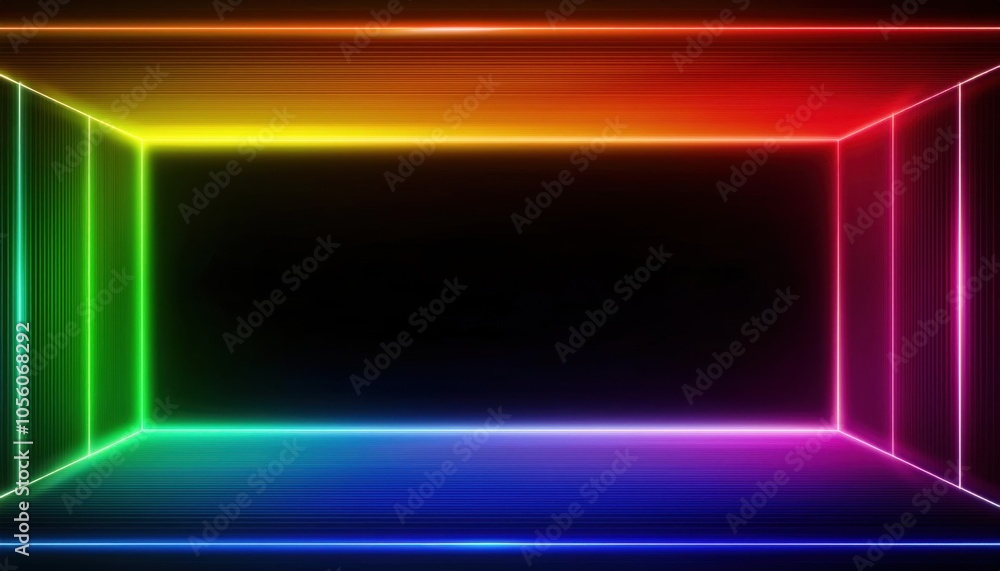 A neon frame with a black background and a rainbow light A neon frame with a black background and a rainbow light