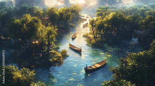 Forked river, with boats heading down different streams. The concept of choice photo