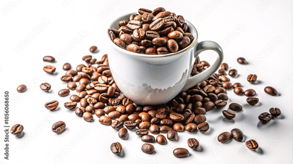 Overflowing Coffee Beans in a white mug scattered, close-up V2 Overflowing Coffee Beans in a white mug scattered, close-up V2