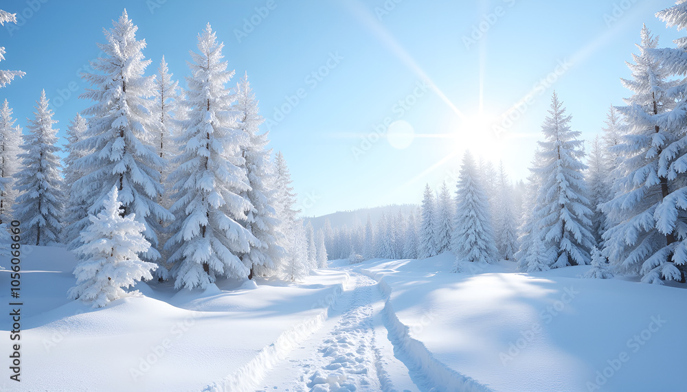Fototapeta premium Dazzlingly white from fluffy frost winter fits on fresh fluffy snow on which fresh traces of sledge runners are visible. Classic winter postcard landscape. Gentle blue sky and cold radiant sun.