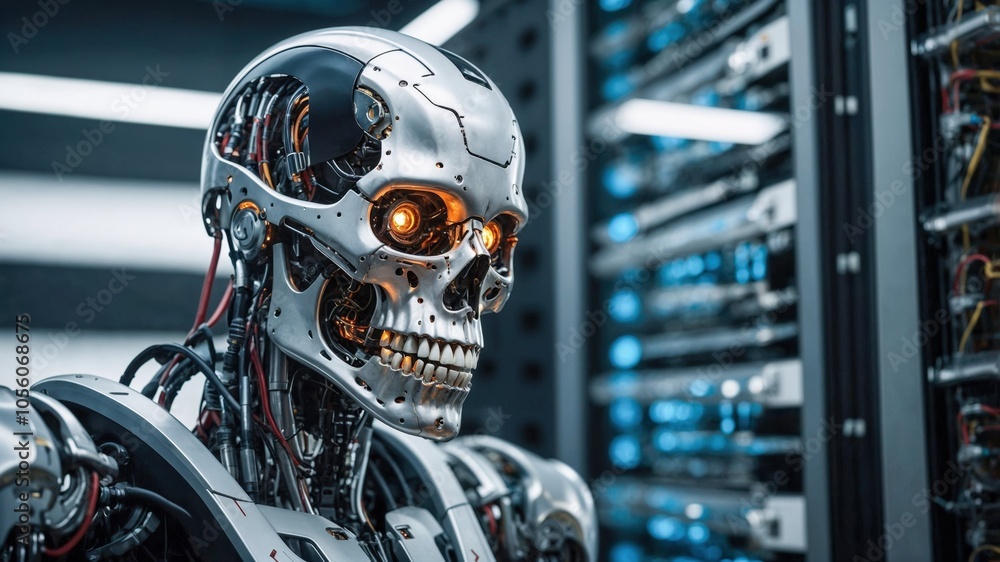 A robot with a skull is standing in front of a server A robot with a skull is standing in front of a server