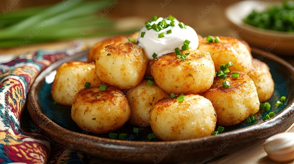 Stack of Traditional Polish Potato Cakes (Moskole) with Chives and Sour Cream (Polish Cuisine) Stack of Traditional Polish Potato Cakes (Moskole) with Chives and Sour Cream (Polish Cuisine)
