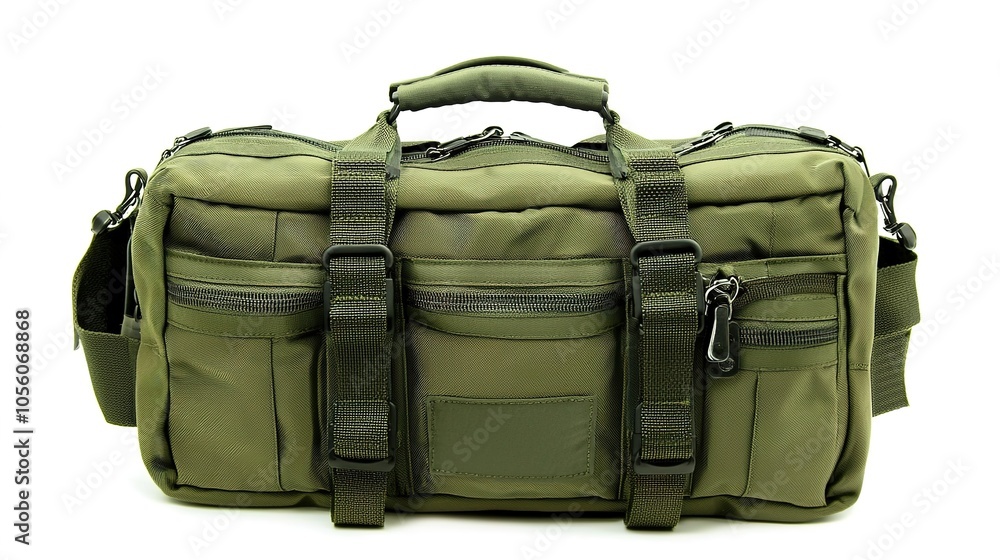 A sturdy, green tactical bag featuring multiple compartments, ideal for outdoor activities and storage. A sturdy, green tactical bag featuring multiple compartments, ideal for outdoor activities and storage.
